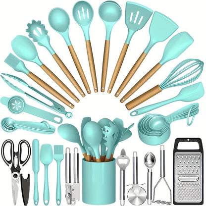 Silicone Cooking Utensils Set 35-Piece with Holder Rack Wooden Handle Heat Resistant Kitchen Tools for Non-Stick Pans – Complete Kitchen Utensil Set in Multiple Colors