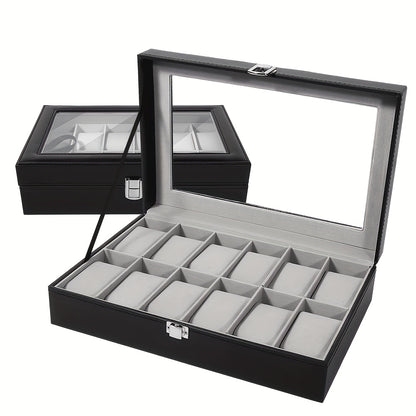 Watch Box Organizer 12 Slot PU Leather, Watch Display Case with Glass Lid Removable Pillow Metal Clasp, Jewelry Box Gift for Him Her Valentine's Day Birthday Christmas