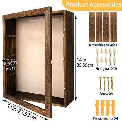 Shadow Box Frame with Linen Back – Large Rustic Memory Display Case 11x14 & 12x16 Inch for Photos, Medals, Coins, Pins, Flowers & Collectibles, 4 Removable Shelves, Black White Brown