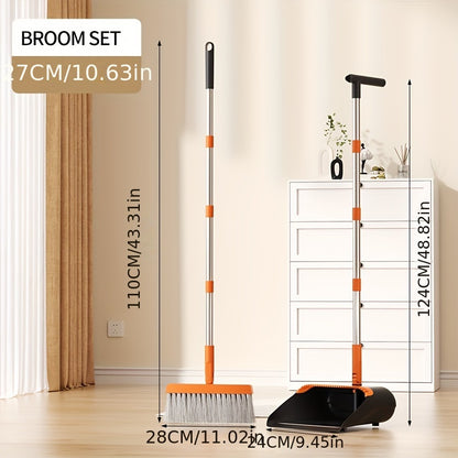 Folding Broom and Dustpan Set 50 Inch Extended Handle - Dense Elastic Bristles Wide Deep Dustpan for Dust Hair Debris, Foldable Broom for Home Kitchen Bathroom Bedroom Living Room, Blue White Black Orange Khaki