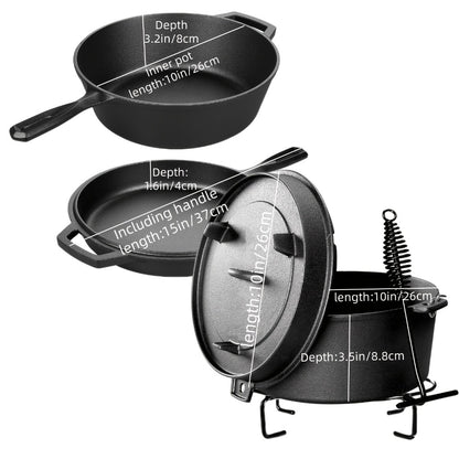 Cast Iron Cookware Set for Kitchen Camping BBQ - Non-Stick Skillet Dutch Pot Frying Pan Baking Tray Griddle Options, Oven Safe Stovetop Campfire Cookware for Home RV Holiday Cooking Multiple Set Choices