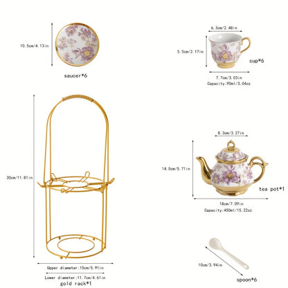 20-Piece Floral Ceramic Tea Set with Saucers & Metal Stand | European Afternoon Tea Service, Blooming Design, Complete Tea Accessories, Gift for Tea Lovers