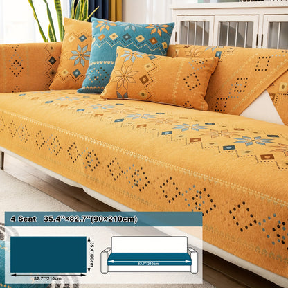 Bohemian Chenille Sofa Cover | Geometric Print Non-Slip Couch Slipcover, Thick Plush Boho Style, 1 to 4 Seat, Armrest & Backrest, Machine Washable, Sectional Sofa Protector