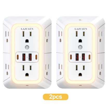 Outlet Splitter Wall Expander 10-in-1 with 6 AC Outlets 2 USB-A 2 USB-C Ports 3-Sided Plug Extender Surge Protector Night Light Compact Space-Saving Design for Home Dorm Apartment Office