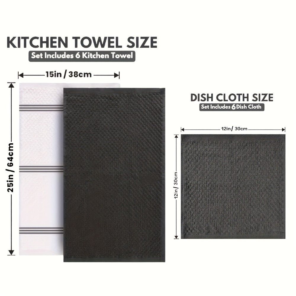 Cotton Kitchen Dish Towel Set 12pcs | 6 Hand Towels 15"x25" & 6 Wash Towels 12"x12" | Striped Weave Absorbent Durable Towels for Cooking Cleaning Drying