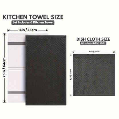 Cotton Kitchen Dish Towel Set 12pcs | 6 Hand Towels 15"x25" & 6 Wash Towels 12"x12" | Striped Weave Absorbent Durable Towels for Cooking Cleaning Drying