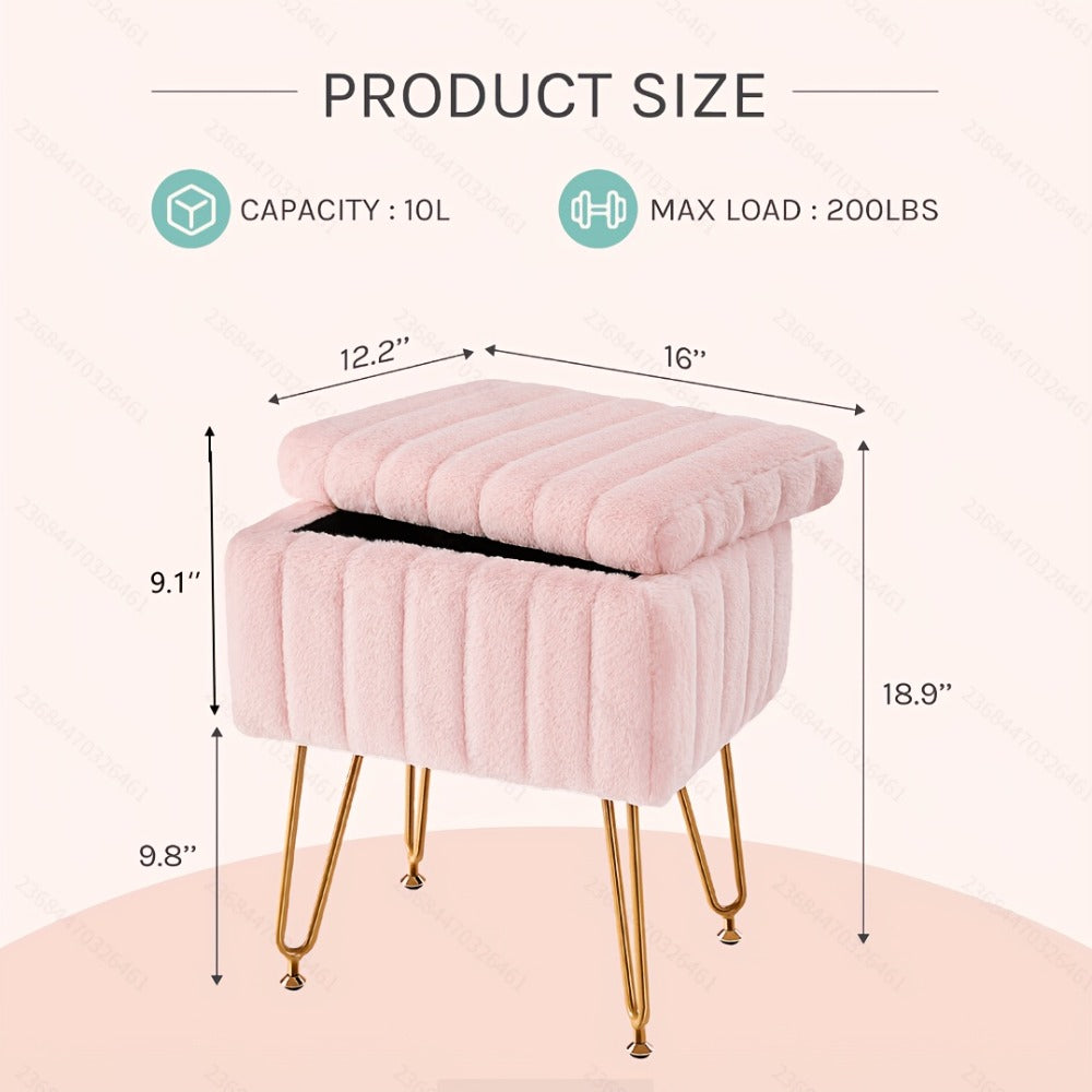 Faux Fur Storage Ottoman Stool – Soft Furry Vanity Seat with Storage, 4 Metal Legs & Non-Slip Feet – Cute Modern Multi-Function Chair for Bedroom, Vanity & Living Room