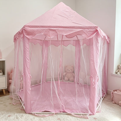 Kids Princess Tent Hexagonal Play Tent with Sheer Door Curtain – Flower Pattern Mosquito Net Castle for Girls, Indoor Outdoor Playhouse Canopy Bed Tent
