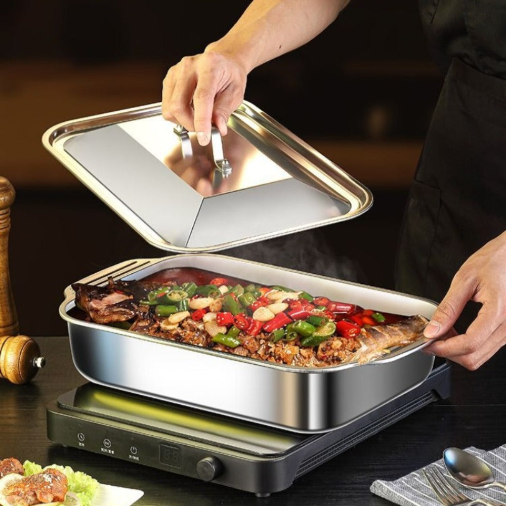 Stainless Steel Baking Trays with Lids – Large Capacity Sheet Pan Set for BBQ, Bread, Desserts, Seafood & Buffets | Family Gatherings, Outdoor Camping, Portable Food Trays