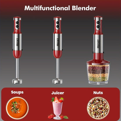 Immersion Blender 5-in-1 Handheld Mixer | Heavy Duty Motor | Whisk Meat Chopper Measuring Cup Attachments | Stick Blender for Soups Smoothies Sauces | Kitchen Hand Blender Red Black