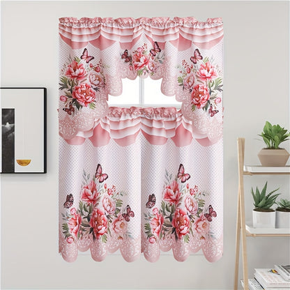 Blackout Kitchen Curtains 3-Piece Set with Butterfly Floral Print - Rod Pocket Window Curtains for Kitchen, Living Room, Bedroom, Bathroom & Restaurant, Polyester Fabric, Machine Washable