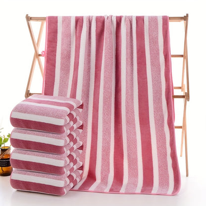 Striped Bath Towel Set 1 or 4 Pack 346GSM - 100% Polyester Super Soft Skin Friendly Absorbent Quick Dry | 70x140cm 27.6x55.1in | Green Gray Red Multi-Color | Home Bathroom Beach Essentials