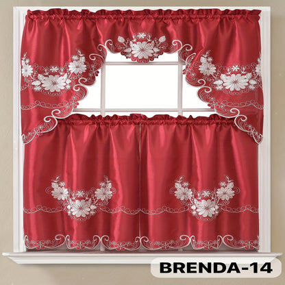Kitchen Curtains 3 Piece Set Embroidered Satin Valance and Tiers - Rod Pocket Light Filtering Machine Washable 46 Colors Available All Season Home Decor