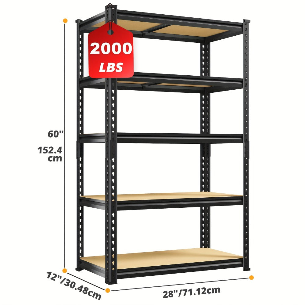 5-Tier Heavy Duty Garage Shelving Unit 2000LBS – Metal & Wood Storage Shelves, Adjustable Utility Rack for Garage, Basement, Pantry, Warehouse, Kitchen & Office, Tool-Free Assembly, Black