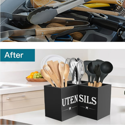 Kitchen Utensil Holder with 3 Compartments Extra Large Wooden Countertop Organizer | Farmhouse Black Kitchen Storage for Spatulas Whisks Spoons | Rustic Wood Utensil Caddy for Kitchen Organization