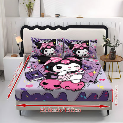 Sanrio Hello Kitty & Kuromi Bedding Set 3pcs – Fitted Sheet & Pillowcases, Soft Polyester, Machine Washable, Twin Full Queen King, All-Season Bedroom Decor for Kids Girls Home Guest Room