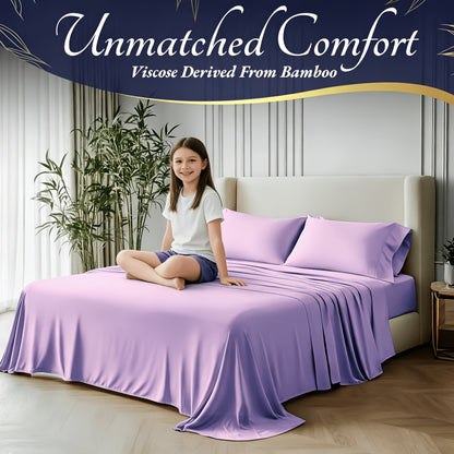Bamboo Cooling Bedding Set 4pcs - Deep Pocket Fitted Sheet, Flat Sheet & Pillowcases for Hot Sleepers, Breathable Soft Viscose Sheets Twin Full Queen King