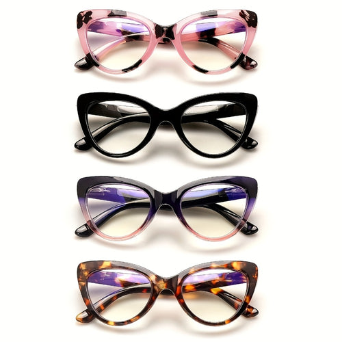 Cat Eye Reading Glasses 4 Pack Women Blue Light Blocking – Leopard Print Gradient Stylish Frames, Spring Hinges, Computer Readers for All Face Shapes, Multiple Magnification Strengths
