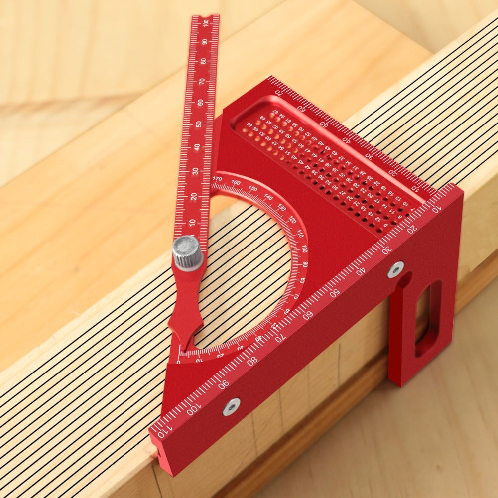 Adjustable 3D Carpentry Square Set 180° Rotating Aluminum Alloy Triangle Ruler T-Square with Scribing Holes Red Black Markings Woodworking Measurement Tool