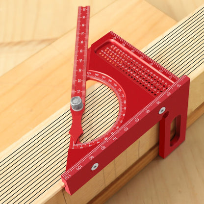 Adjustable 3D Carpentry Square Set 180° Rotating Aluminum Alloy Triangle Ruler T-Square with Scribing Holes Red Black Markings Woodworking Measurement Tool