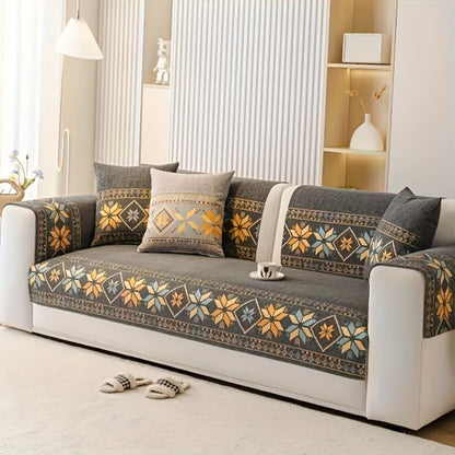 Chenille Sofa Slipcover 1pc Boho Vintage Style - Luxury Non-Slip Removable Four Seasons Universal Couch Cover | Armrest 1 2 3 4 Seater | Dark Gray Light Gray Blue | Living Room Home Decor
