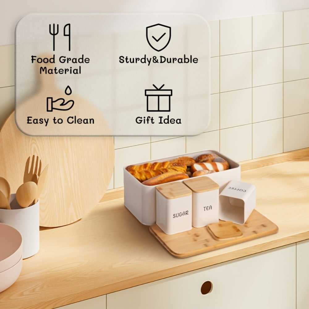 Bread Box with 3 Jars Set for Kitchen Countertop – Metal Bread Box with Bamboo Board Cover, Coffee Sugar Tea Canisters, Large Capacity Farmhouse Food Storage Organizer