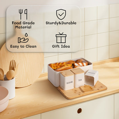 Bread Box with 3 Jars Set for Kitchen Countertop – Metal Bread Box with Bamboo Board Cover, Coffee Sugar Tea Canisters, Large Capacity Farmhouse Food Storage Organizer