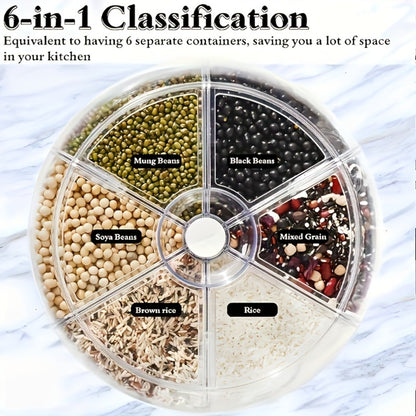 Rice Dispenser 360 Rotating 6 Compartment Grain Storage Container - Airtight Moisture Proof with Transparent Window, Food Grade PP, Large Capacity for Rice Cereal Flour and Pet Food, Medium 13lb or Large 22lb