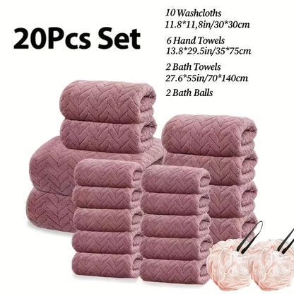 Microfiber Bath Towel Set 18/20pcs - Coral Fleece Absorbent Quick Dry Soft Large Bath Towels for Home Bathroom Spa Gift with Washcloths Bath Ball