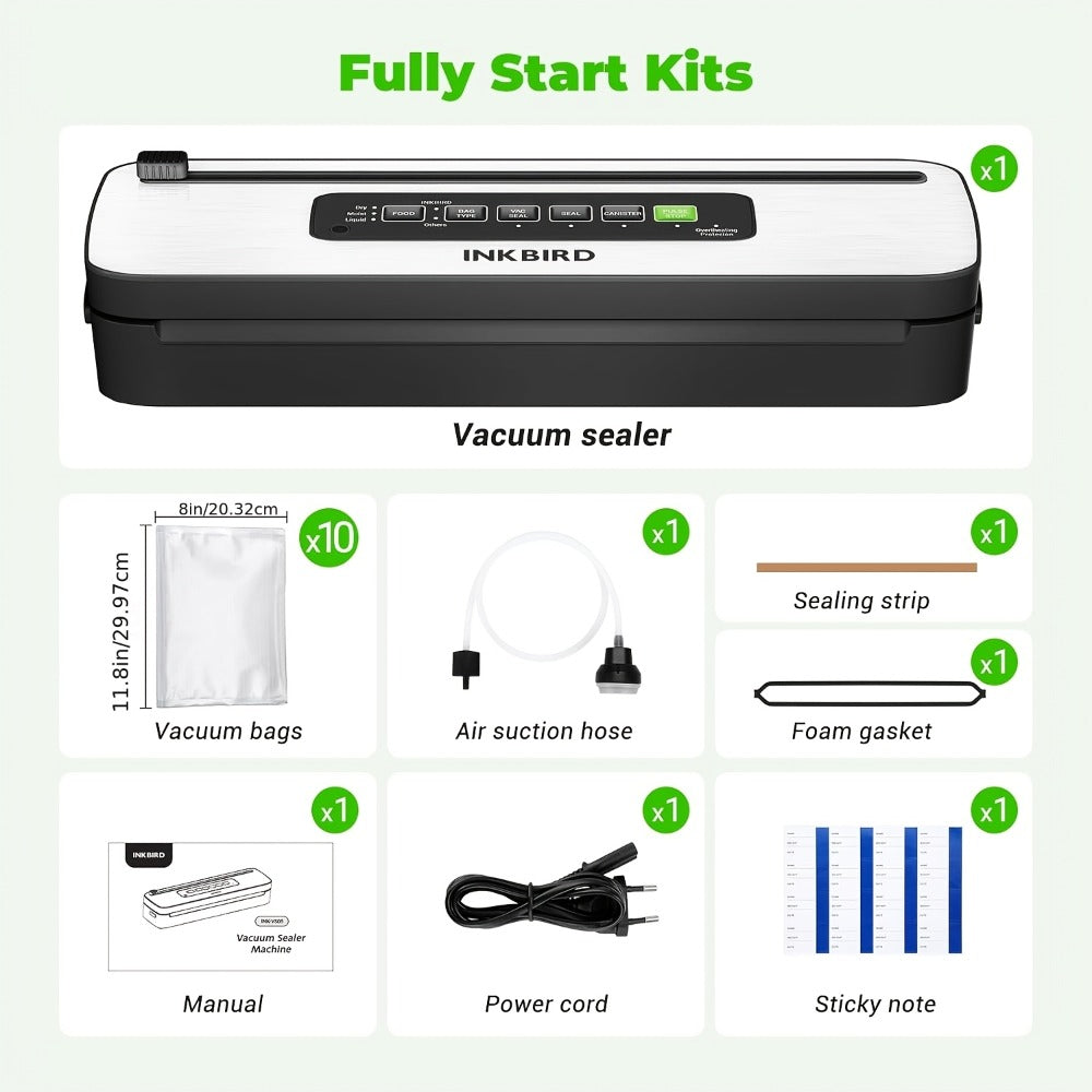 Vacuum Sealer Machine 85KPA – INKBIRD 10-in-1 Food Sealer with Bag Storage, Built-In Cutter, Moist/Dry/Pulse/Liquid/Canister Modes, 200 Continuous Seals, Compact Design for Food Preservation & Sous Vide