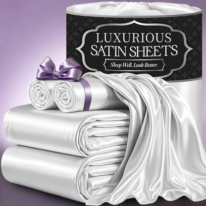 Satin Fitted Sheet Set with Pillowcases – Cooling Smooth Breathable Wrinkle-Resistant Bed Sheets, Machine Washable Ultra Soft for Hot Sleepers, Twin Full Queen King, Multiple Colors