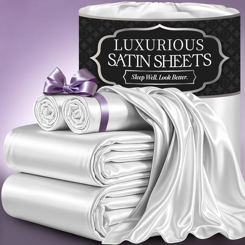 Satin Fitted Sheet Set with Pillowcases – Cooling Smooth Breathable Wrinkle-Resistant Bed Sheets, Machine Washable Ultra Soft for Hot Sleepers, Twin Full Queen King, Multiple Colors