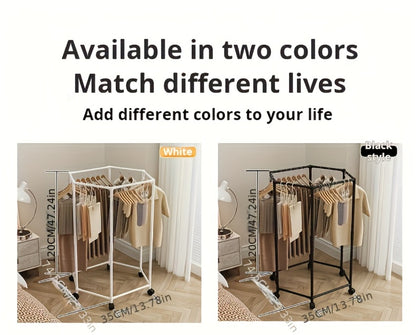 Rotating Clothes Rack Freestanding Vertical Clothing Hanging Rack Space Saving Laundry Rack with Mesh Bag Black White Rotatable Garment Rack for Small Apartment Bedroom Closet