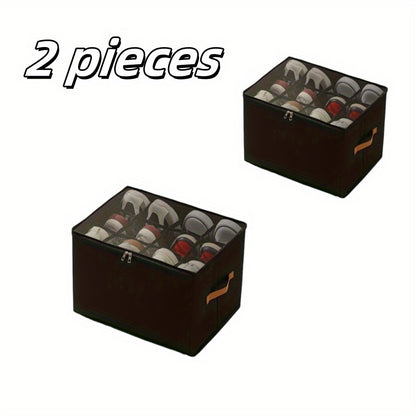 Oxford Fabric Shoe Storage Organizer with Adjustable Dividers, Transparent Lid & Handles – Holds 12 Pairs, Foldable, Zippered Dustproof, 2 or 4 Pack
