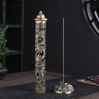 Incense Stick Holder Metal Retro Vertical Design, Dragon & Phoenix Heart Sutra Motif Brass Incense Burner Stand, Home Office Altar Meditation Ceremony Decoration Gift