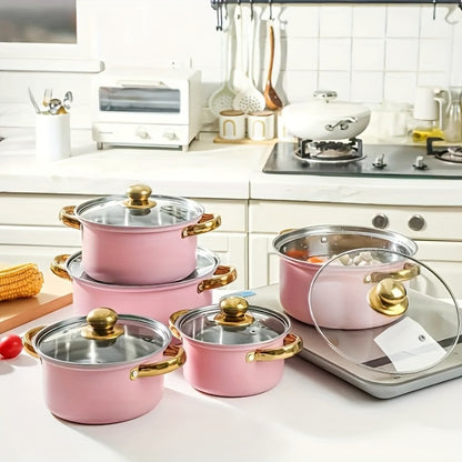 304 Stainless Steel Cookware Set with Golden Handles, 1/10/15pcs Deep Thick Soup Pot & Pan Set for Induction & Gas Stoves, Outdoor Camping & Kitchen Cooking, Pink, Silver & Orange