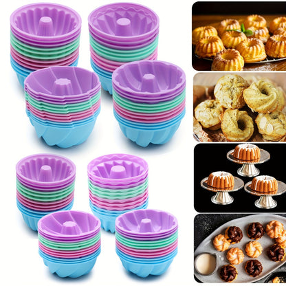 Silicone Donut Mold 48pcs, Nonstick Silicone Baking Cups with 4 Shapes (Thread, Woven, Pumpkin, Flower), Muffin Jello Bagel Pan, Oven Microwave Dishwasher Safe Silicone Baking Molds for Donuts and Cupcakes
