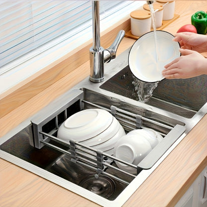 Dish Drying Rack Stainless Steel Adjustable – Expandable Over Sink Dish Rack with Retractable Width & Height for Kitchen Countertop, Space-Saving 304 Stainless Steel Drainer, Easy to Clean