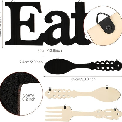 EAT Sign Wall Decor with Fork and Spoon | Rustic Wood Hanging Letters for Kitchen Dining Room | Country Farmhouse Wall Art Wooden EAT Decoration in Black