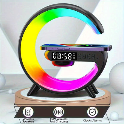 Wireless Charger with RGB Night Light – 4-in-1 Bluetooth Speaker Alarm Clock Wake Up Light, 256 RGB Colors, Qi Fast Charging for iPhone Samsung, Bedside Nightstand Lamp