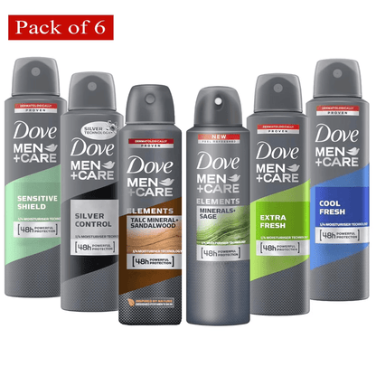 Dove Men+Care Dry Spray Antiperspirant Deodorant Pack of 6 – 150mL Each (5 fl oz), 48H Protection, Alcohol-Free, Assorted Scents, Total 30 fl oz