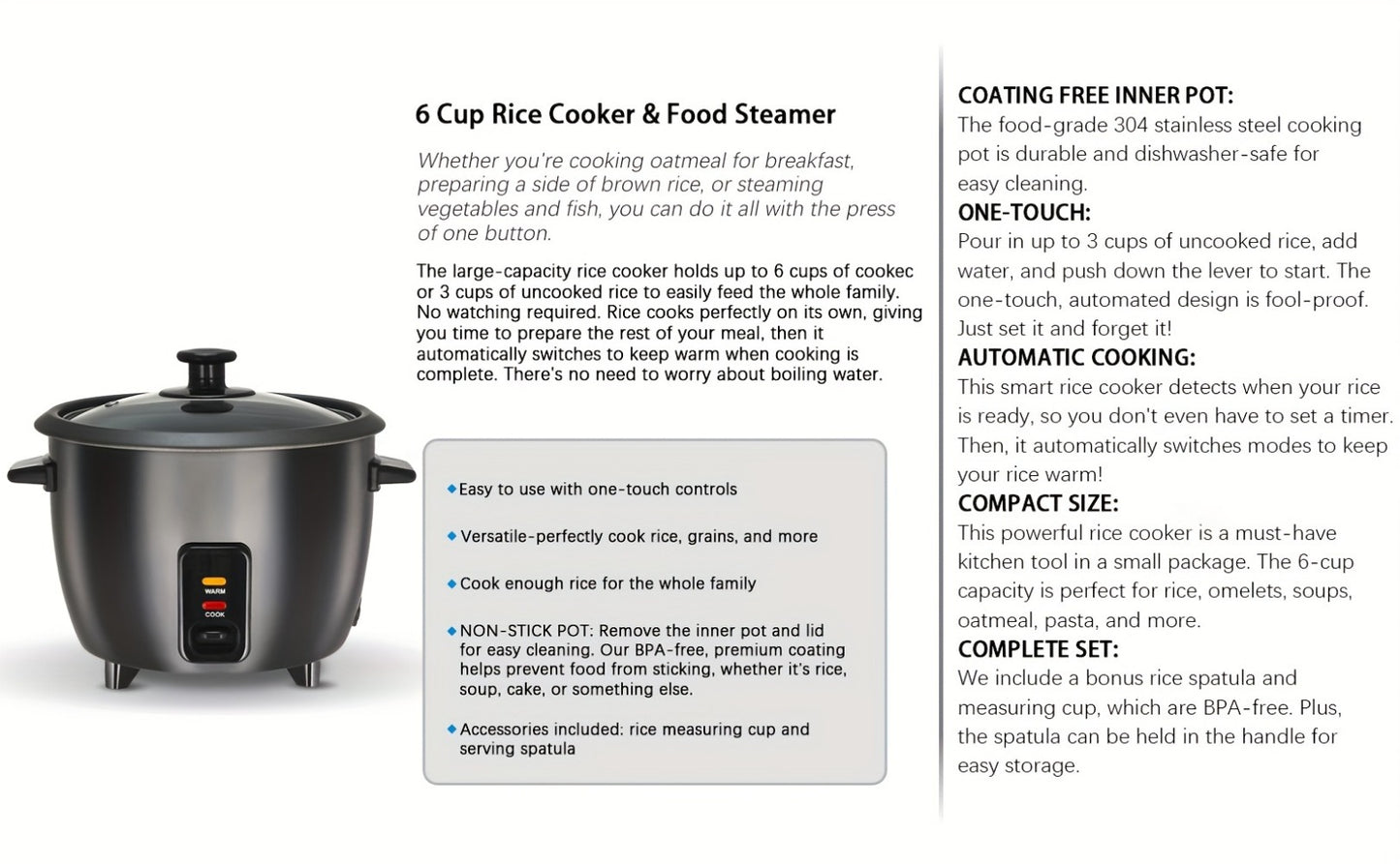 Rice Cooker & Yogurt Maker 3-Cup Nonstick – 1.5Qt Multicooker with Auto Keep Warm, One-Touch Operation, Stainless Steel Inner Liner & Steamer for Grain, Oatmeal & More