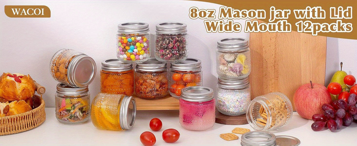 Mason Jars 8oz with Lids 12 Pack – Clear Glass Canning Jars with Silver Metal Lids, BPA-Free Food-Grade, Dishwasher Safe – for Storing, Pickling, Honey, Jam, Candles & DIY Crafts