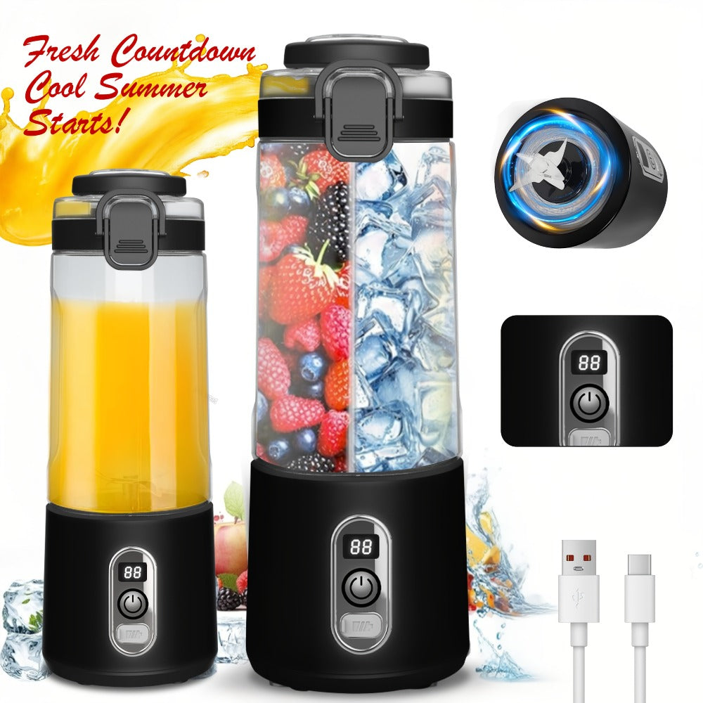 Portable Smoothie Blender USB-C Fast Charge 6-Blade Stainless Steel – Digital Timer Battery Display High-Speed Ice Crush No-Spill Lid | Protein Shake Gym Travel Blender in Black Pink White