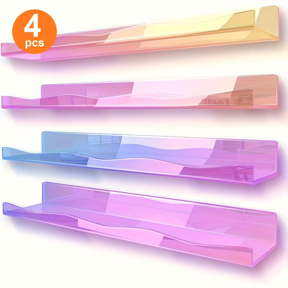 Iridescent Acrylic Floating Shelves Wall Mounted – Colorful Rainbow Storage Rack for Nail Polish, Cosmetics & Sundries, Art Deco Style Bathroom & Bedroom Shelf, 2 or 4 Pack (Pink / Macaron / Clear)