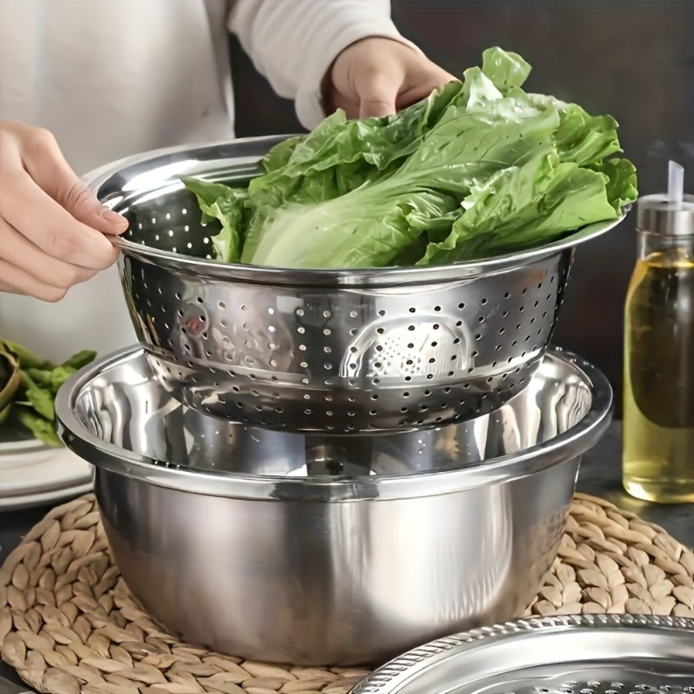 Stainless Steel Kitchen Tool Set 3pcs – Built-In Grinder, Colander Filter & Mixing Bowl for Washing, Slicing & Draining Fruits, Vegetables & Cheese, Food-Safe Drainage System