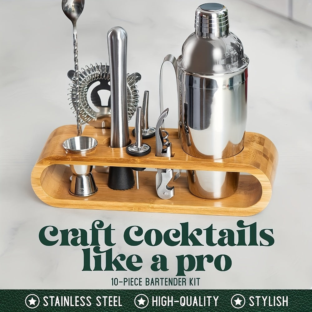 Bartender Kit 10 Piece Stainless Steel Bar Tool Set with Bamboo Stand Cocktail Shaker Mixing Spoon Strainer Jigger Home Bar Accessories Perfect Housewarming Gift for Fathers Day