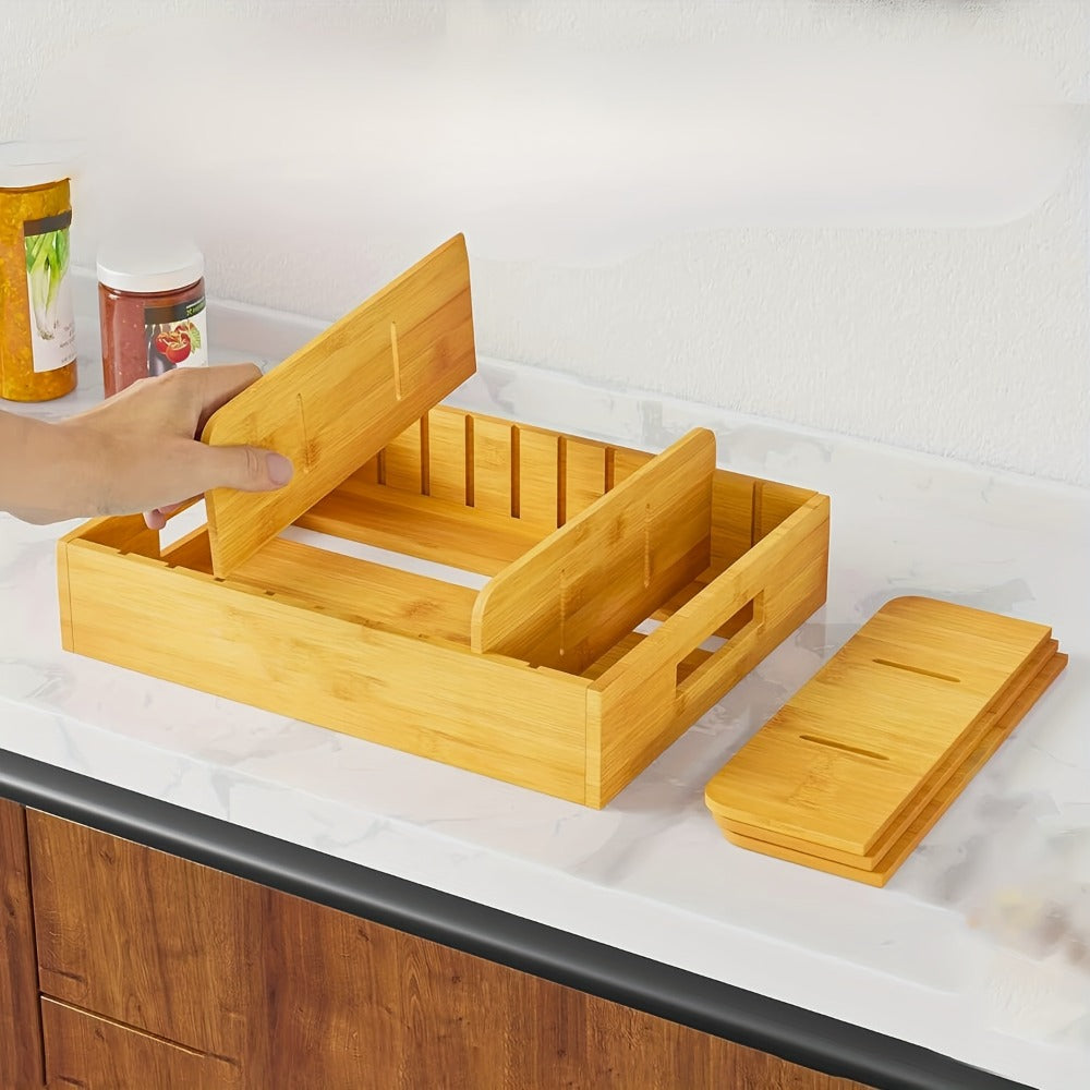 Bamboo Lid Organizer for Kitchen Cabinet with 5 Adjustable Dividers - Tupperware Lid Holder for Food Container Lids, Pot Lids Storage Rack with Writable Labels, 13" Wide