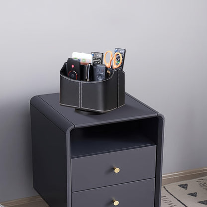 360° Swivel Remote Control Holder with 5 Compartments – PU Leather Desktop Organizer Caddy for TV Remotes, Phones, Glasses, Cosmetics & Stationery, Rotating Storage Box for Home Office Nightstand