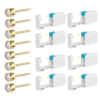 Disposable Ear Piercing Gun Set 8pcs - Stainless Steel Ear Stud Piercing Tool Kit, Safe Portable Self-Piercing Device with Hypoallergenic Earrings for Home Use, Silver & Gold